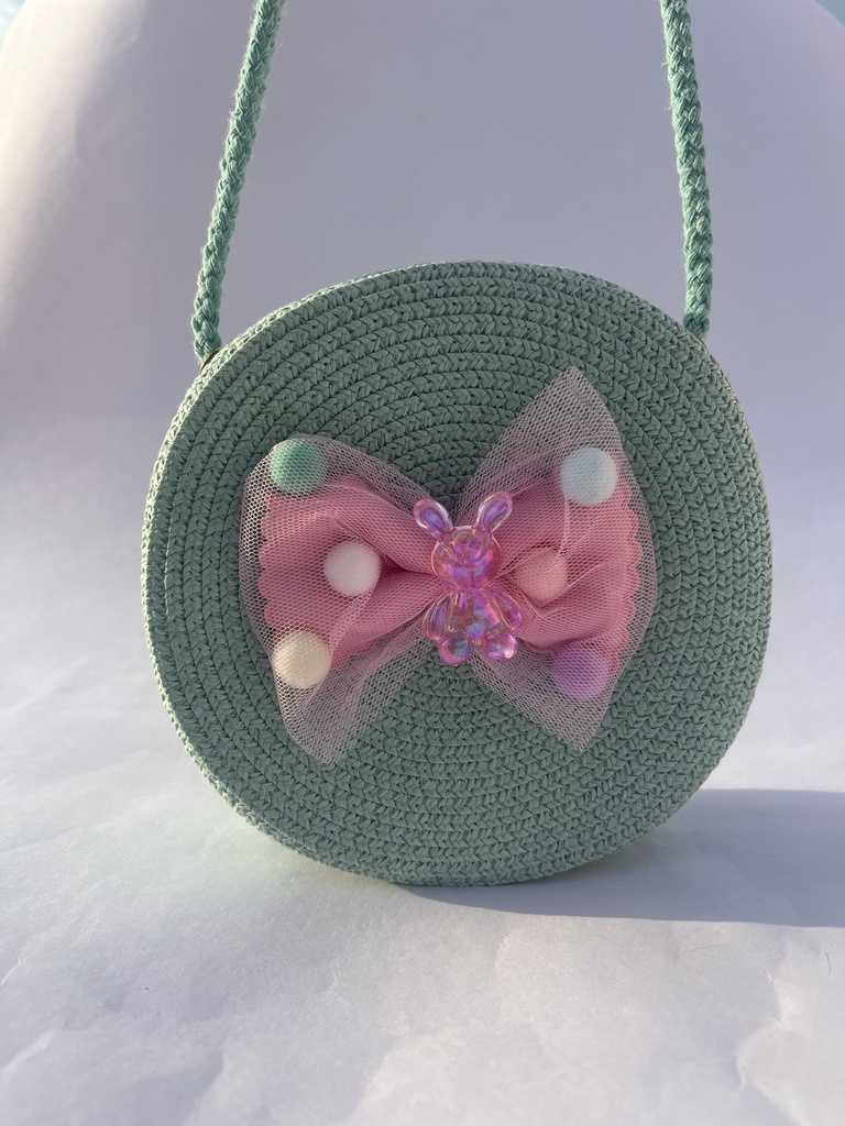 Mint Green Hand-Crocheted Round Sling Bag with Bow Detail
